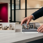 Open Plan vs Hybrid Office - Professional 16:9 hero banner. Ultra high resolution. A pair of hands, belonging to a facilities manager in a modern UK office, thoughtfully arranging two distinct miniature office models on a clean, light-coloured desk. One model represents an open-plan layout with many desks in a large, unpartitioned space, while the other shows a hybrid setup with varied zones: a small collaborative area, a quiet pod, and individual workstations. A soft, focused glow of brand accent colour #737373 emanates from beneath the hybrid model, highlighting its versatility. The background is subtly blurred, showing a contemporary office environment with architectural elements in the brand's primary tone #E2087E and secondary colour #000000. Style: Editorial photography, warm and authoritative lighting. Avoid: Groups around holographic tables, generic tech aesthetics, text overlays, cold blue tones, stock photo clichés.