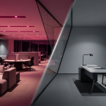 Open Plan vs Private Offices - Professional 16:9 hero banner. Ultra high resolution. A split architectural composition contrasting two distinct office environments. On the left, a vibrant, open-plan office setting with collaborative furniture, bathed in a warm, inviting glow from #E2087E and accented with focused spotlights of #737373. On the right, a serene, private office space with a single ergonomic desk, showcasing focused, deep work, subtly lit by #737373, with elements of #000000 for depth. The dividing line between the two is sharp and symbolic, representing the choice organisations face. The overall mood is authoritative and analytical, reflecting the brand's expertise in office solutions. Style: Architectural photography with dramatic, contrasting lighting. Avoid: Groups of people, generic tech aesthetics, text overlays, cold blue tones, stock photo clichés.