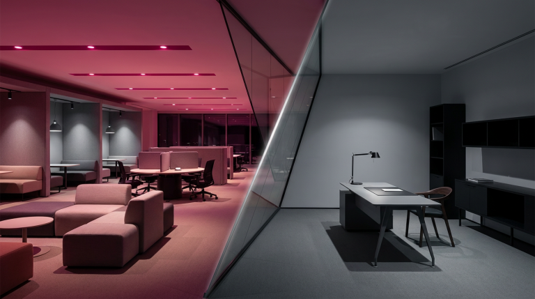 Open Plan vs Private Offices - Professional 16:9 hero banner. Ultra high resolution. A split architectural composition contrasting two distinct office environments. On the left, a vibrant, open-plan office setting with collaborative furniture, bathed in a warm, inviting glow from #E2087E and accented with focused spotlights of #737373. On the right, a serene, private office space with a single ergonomic desk, showcasing focused, deep work, subtly lit by #737373, with elements of #000000 for depth. The dividing line between the two is sharp and symbolic, representing the choice organisations face. The overall mood is authoritative and analytical, reflecting the brand's expertise in office solutions. Style: Architectural photography with dramatic, contrasting lighting. Avoid: Groups of people, generic tech aesthetics, text overlays, cold blue tones, stock photo clichés.