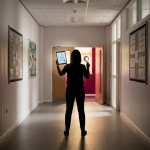 School Environment Guidelines - Professional 16:9 hero banner. Ultra high resolution. A solitary, silhouetted figure, representing a School Business Manager, stands confidently at the end of a long, brightly lit school corridor, which leads towards a bright, inviting classroom. The corridor walls feature subtle, educational graphics. The figure holds a tablet displaying regulatory documents and a magnifying glass, symbolising thorough review and compliance. Accent lighting in #737373 casts a focused glow on the tablet and the path ahead, with subtle hints of #E2087E in the distant classroom light. The scene evokes authority and clarity in navigating complex regulations. Style: Documentary photography with a focus on institutional architecture. Avoid: Groups around holographic tables, generic tech aesthetics, text overlays, cold blue tones, stock photo clichés.