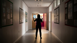 School Environment Guidelines - Professional 16:9 hero banner. Ultra high resolution. A solitary, silhouetted figure, representing a School Business Manager, stands confidently at the end of a long, brightly lit school corridor, which leads towards a bright, inviting classroom. The corridor walls feature subtle, educational graphics. The figure holds a tablet displaying regulatory documents and a magnifying glass, symbolising thorough review and compliance. Accent lighting in #737373 casts a focused glow on the tablet and the path ahead, with subtle hints of #E2087E in the distant classroom light. The scene evokes authority and clarity in navigating complex regulations. Style: Documentary photography with a focus on institutional architecture. Avoid: Groups around holographic tables, generic tech aesthetics, text overlays, cold blue tones, stock photo clichés.