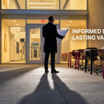 School Furniture Mistakes - Professional 16:9 hero banner. A solitary, authoritative figure, resembling a school headteacher or business manager, stands silhouetted against the entrance of a modern, well-lit school hallway. The figure is holding a blueprint or schematic, symbolising careful planning and avoidance of errors. The hallway features durable, ergonomic school furniture in the background, subtly lit by a warm #737373 glow, highlighting its quality and compliance. Shadows cast by the figure hint at the consequences of poor choices, while the overall atmosphere is one of informed decision-making and long-term investment. Hints of #E2087E and #000000 accent colours are integrated into the furniture design or subtle lighting. Style: Editorial photography, with dramatic, purposeful lighting.