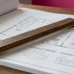 School Furniture Procurement - Professional 16:9 hero banner. Ultra high resolution. A meticulously crafted, open wooden ruler (symbolising measurement, standards, and planning) lying diagonally across a detailed blueprint or architectural drawing of a modern, flexible school classroom layout. The blueprint shows modular tables and adaptable seating arrangements. A subtle, focused glow in #737373 emanates from beneath the ruler, highlighting key compliance markings and ergonomic dimensions on the blueprint. In the background, a soft, out-of-focus hint of a vibrant pink wall (#E2087E) suggests a creative learning environment. Style: Detailed still life photography with a shallow depth of field, emphasising precision and expertise. Avoid: Generic office scenes, groups of people, cold blue tones.