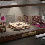 School Library Transformation - Professional 16:9 hero banner. Ultra high resolution. A meticulously designed miniature diorama of a modern school library, viewed from a slightly elevated angle. The diorama features distinct zones: a collaborative area with tiny modular furniture, a quiet study nook with individual carrels, and a vibrant reading corner with soft seating. A single, focused beam of light in #737373 (grey) highlights the collaborative zone, while subtle accents of #E2087E (magenta) define other areas. Tiny architectural blueprints and a miniature tape measure are visible, symbolising planning and precision. The overall mood is one of detailed expertise and strategic design. Style: Architectural still life photography.