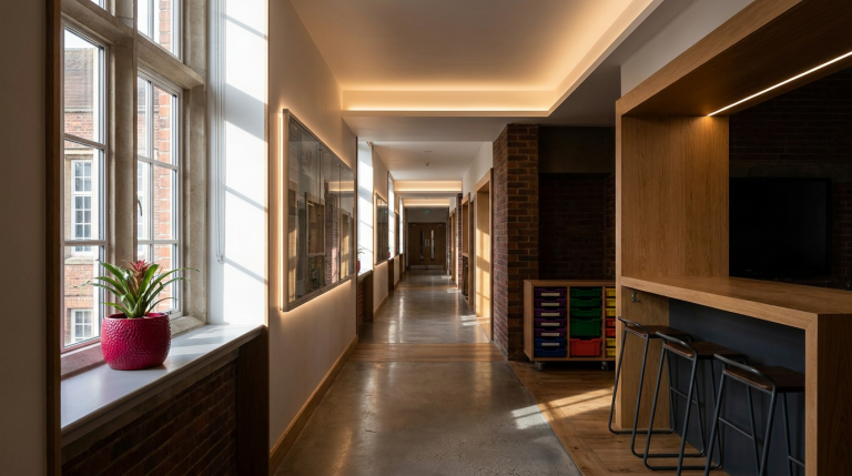 School Space Utilisation - Professional 16:9 hero banner. Ultra high resolution. A wide-angle, architectural detail shot inside a modern, yet established, UK school corridor. The perspective is looking down a long, well-lit corridor with subtle indications of flexible learning zones (e.g., a high counter with stools in a recess, mobile storage units). The space feels organised and purposeful. Sunlight streams through a large window, highlighting dust motes, with a subtle #737373 accent glow emanating from integrated lighting fixtures or digital displays on the walls. A hint of #E2087E could be seen in the colour of a plant pot or a subtle design element, with #000000 providing depth in shadows. Style: Editorial architectural photography. Avoid: Groups around holographic tables, generic tech aesthetics, text overlays, cold blue tones, stock photo clichés.