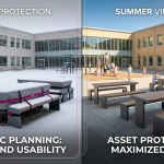 Seasonal Adaptations - Professional 16:9 hero banner. Ultra high resolution. An outdoor commercial space (e.g., school playground or office courtyard) split visually down the middle. One side depicts a winter scene with outdoor furniture neatly stacked and covered, protected from the elements under a soft, diffused light, with subtle accents of #E2087E and #000000. The other side shows the same space in summer, with furniture arranged for use, vibrant and inviting under bright, warm sunlight, with the accent lighting from #737373 highlighting key pieces, symbolising strategic planning for year-round usability and asset protection. Style: Editorial photography with a blend of documentary realism.