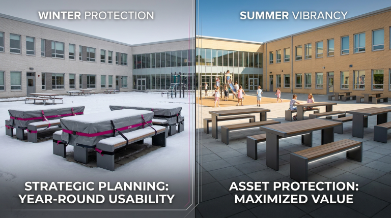 Seasonal Adaptations - Professional 16:9 hero banner. Ultra high resolution. An outdoor commercial space (e.g., school playground or office courtyard) split visually down the middle. One side depicts a winter scene with outdoor furniture neatly stacked and covered, protected from the elements under a soft, diffused light, with subtle accents of #E2087E and #000000. The other side shows the same space in summer, with furniture arranged for use, vibrant and inviting under bright, warm sunlight, with the accent lighting from #737373 highlighting key pieces, symbolising strategic planning for year-round usability and asset protection. Style: Editorial photography with a blend of documentary realism.