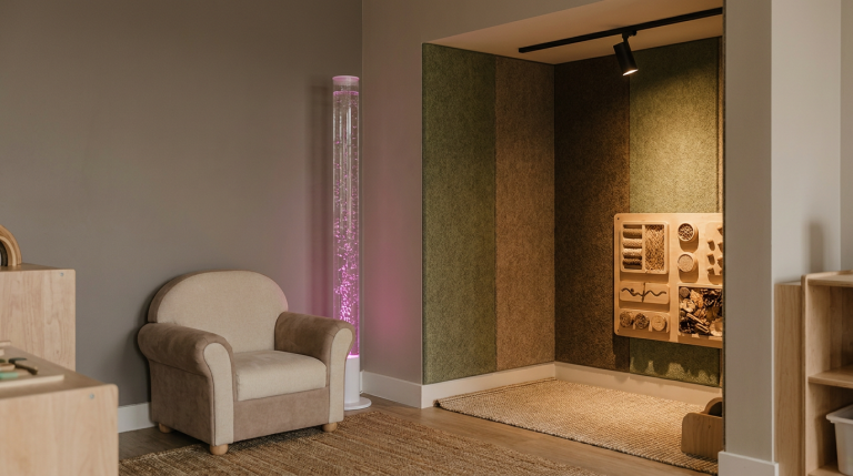 Sensory Play Environments - Professional 16:9 hero banner. Ultra high resolution. Architectural detail of a thoughtfully designed, inclusive early years classroom corner, bathed in a soft, inviting glow of #737373 light. Focus on a 'calm-down corner' with plush, child-friendly seating and a subtle bubble tube glowing with #E2087E light, suggesting both stimulation and serenity. Textured wall panels in muted tones, with a small, focused spotlight of #000000 illuminating a tactile board. The scene evokes a sense of safety, learning, and thoughtful design for young children. Style: Editorial photography with a warm, documentary feel. Avoid: Overly bright primary colours, cluttered spaces, groups of children, generic office settings.