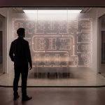 Small Space Optimisation - Professional 16:9 hero banner. Ultra high resolution. A skilled architect or interior designer, facing away from the viewer, stands confidently in a subtly rendered commercial furniture showroom or office space. They are silhouetted against a softly glowing blueprint or digital overlay on a large transparent screen, which depicts a meticulously optimised floor plan for a UK office or school. The blueprint highlights flexible furniture arrangements and clear pathways. The scene is illuminated by an accent glow of #737373 emanating from the blueprint, with subtle hints of #E2087E in the background elements, suggesting innovation and expertise. The atmosphere is authoritative and forward-thinking. Style: Editorial photography with a soft, diffused light, emphasising intricate details of the plan. Avoid: Generic tech aesthetics, text overlays, cold blue tones, stock photo clichés.