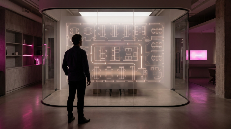 Small Space Optimisation - Professional 16:9 hero banner. Ultra high resolution. A skilled architect or interior designer, facing away from the viewer, stands confidently in a subtly rendered commercial furniture showroom or office space. They are silhouetted against a softly glowing blueprint or digital overlay on a large transparent screen, which depicts a meticulously optimised floor plan for a UK office or school. The blueprint highlights flexible furniture arrangements and clear pathways. The scene is illuminated by an accent glow of #737373 emanating from the blueprint, with subtle hints of #E2087E in the background elements, suggesting innovation and expertise. The atmosphere is authoritative and forward-thinking. Style: Editorial photography with a soft, diffused light, emphasising intricate details of the plan. Avoid: Generic tech aesthetics, text overlays, cold blue tones, stock photo clichés.
