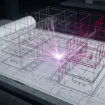 space design and fit-out - Professional 16:9 hero banner. Ultra high resolution. A sophisticated, clean architectural blueprint overlaid with a subtle, glowing 3D wireframe model of a commercial interior space. The blueprint shows detailed floor plans and furniture layouts, while the 3D model suggests the final, realised vision. Emphasise precision and planning, with geometric lines converging towards a central, illuminated point, symbolising a successful project outcome. The primary lighting and glow emanates from #737373, with secondary accents in #E2087E and #000000, highlighting key structural elements and furniture placements. The scene conveys mastery and structured efficiency in space transformation. Style: Architectural photography with a conceptual, technical overlay. Avoid: Human figures, generic office settings, text overlays.