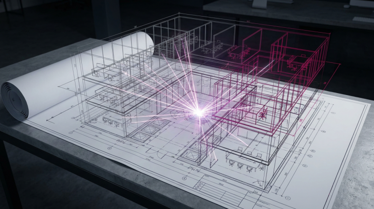 space design and fit-out - Professional 16:9 hero banner. Ultra high resolution. A sophisticated, clean architectural blueprint overlaid with a subtle, glowing 3D wireframe model of a commercial interior space. The blueprint shows detailed floor plans and furniture layouts, while the 3D model suggests the final, realised vision. Emphasise precision and planning, with geometric lines converging towards a central, illuminated point, symbolising a successful project outcome. The primary lighting and glow emanates from #737373, with secondary accents in #E2087E and #000000, highlighting key structural elements and furniture placements. The scene conveys mastery and structured efficiency in space transformation. Style: Architectural photography with a conceptual, technical overlay. Avoid: Human figures, generic office settings, text overlays.