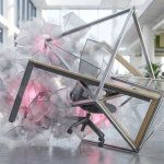 space design myths - Professional 16:9 hero banner. Ultra high resolution. A visually compelling scene where abstract geometric patterns, representing structured design principles, are breaking through and shattering fragmented, soft-focus illusions, symbolising debunked myths. The 'truths' are sharp, clear, and functional, depicted with elements of commercial furniture (a sturdy, ergonomic chair or desk leg) subtly integrated into the geometric structure. The scene is set within a bright, modern commercial space, perhaps an office or school common area, with natural light filtering in. Accent lighting in #737373 highlights the sharp edges of the 'truth' patterns, while softer glows of #E2087E emanate from the 'myth' fragments. Style: Conceptual and authoritative, with a clean, editorial photography feel. Avoid: Groups of people, blueprint overlays, generic office settings, or cold blue tones.