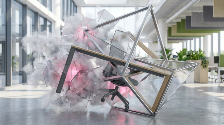 space design myths - Professional 16:9 hero banner. Ultra high resolution. A visually compelling scene where abstract geometric patterns, representing structured design principles, are breaking through and shattering fragmented, soft-focus illusions, symbolising debunked myths. The 'truths' are sharp, clear, and functional, depicted with elements of commercial furniture (a sturdy, ergonomic chair or desk leg) subtly integrated into the geometric structure. The scene is set within a bright, modern commercial space, perhaps an office or school common area, with natural light filtering in. Accent lighting in #737373 highlights the sharp edges of the 'truth' patterns, while softer glows of #E2087E emanate from the 'myth' fragments. Style: Conceptual and authoritative, with a clean, editorial photography feel. Avoid: Groups of people, blueprint overlays, generic office settings, or cold blue tones.