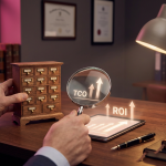 Storage Solutions Cost Analysis - Professional 16:9 hero banner. Ultra high resolution. A close-up, high-angle shot of a pair of hands, one holding a miniature, meticulously detailed wooden storage cabinet with tiny drawers, and the other hand holding a magnifying glass over a small, glowing chart displaying 'TCO' and 'ROI' metrics. The scene is set on a polished, dark wooden desk in a well-organised, modern UK office environment, subtly hinting at an educational or commercial institution. Accent lighting in #737373 casts a soft glow on the chart and the edges of the storage unit, with hints of #E2087E in the background as a warm, blurred element. The overall mood is authoritative and analytical. Style: Editorial photography with a shallow depth of field. Avoid: Generic tech aesthetics, text overlays, cold blue tones, stock photo clichés.