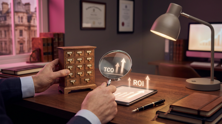 Storage Solutions Cost Analysis - Professional 16:9 hero banner. Ultra high resolution. A close-up, high-angle shot of a pair of hands, one holding a miniature, meticulously detailed wooden storage cabinet with tiny drawers, and the other hand holding a magnifying glass over a small, glowing chart displaying 'TCO' and 'ROI' metrics. The scene is set on a polished, dark wooden desk in a well-organised, modern UK office environment, subtly hinting at an educational or commercial institution. Accent lighting in #737373 casts a soft glow on the chart and the edges of the storage unit, with hints of #E2087E in the background as a warm, blurred element. The overall mood is authoritative and analytical. Style: Editorial photography with a shallow depth of field. Avoid: Generic tech aesthetics, text overlays, cold blue tones, stock photo clichés.