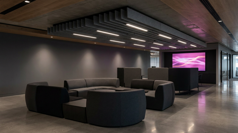The Future of Work - Professional 16:9 hero banner. Ultra high resolution. A sophisticated, contemporary office interior, focusing on an architectural detail – perhaps a sleek, ergonomic breakout furniture zone with adaptable, modular seating in dark greys and blacks. The space is subtly illuminated by accent lighting in #737373, highlighting the clean lines and flexible nature of the furniture. A soft glow of #E2087E emanates from a distant digital display showing abstract data visualisations, symbolising innovation and foresight. The atmosphere is authoritative yet inviting, reflecting a human-centric design approach. Style: Editorial architectural photography. Avoid: Groups around holographic tables, generic tech aesthetics, text overlays, cold blue tones, stock photo clichés.