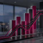 The ROI of Wellbeing - Professional 16:9 hero banner. Ultra high resolution. A sophisticated, abstract geometric pattern, rendered in clean, architectural lines, representing data analysis and financial growth. The pattern, subtly reminiscent of a bar chart or a rising graph, is illuminated by an accent glow of #737373, casting strategic highlights. Dominant colours #E2087E and #000000 create depth and contrast, suggesting a modern office environment focused on strategic investment and measurable returns. The composition conveys authority and meticulous planning, fitting for a financial justification. Style: Conceptual 3D render with precise lighting.