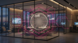 Workplace Wellbeing Audit - Professional 16:9 hero banner. Ultra high resolution. A conceptual, abstract visualisation representing the systematic process of a workplace wellbeing audit. Geometric patterns and interconnected lines, rendered in the brand's primary colour #E2087E and secondary #000000, form a structured yet dynamic network over a subtly blurred modern office backdrop. The network converges on a central, glowing data sphere, illuminated by an accent light of #737373, symbolising insights and data-driven decisions. The overall mood is authoritative and analytical, reflecting the brand's expertise in creating productive environments. Style: High-tech editorial photography with a focus on precision and clarity. Avoid: Groups around holographic tables, generic tech aesthetics, text overlays, cold blue tones, stock photo clichés.