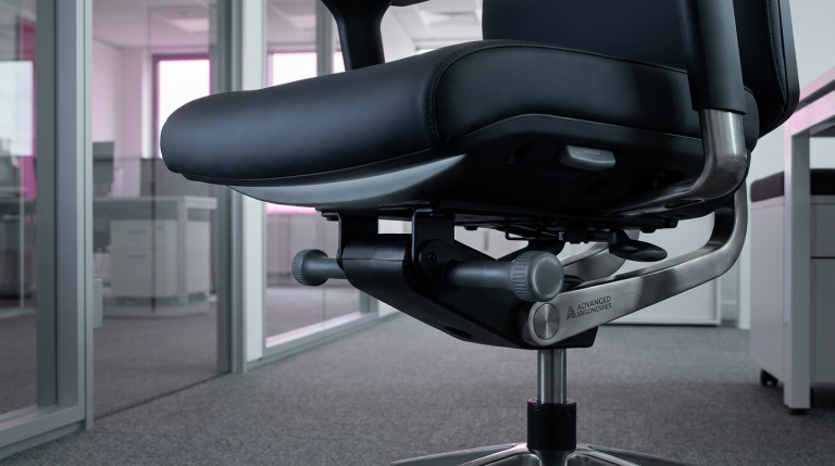 Advanced Ergonomics - Professional 16:9 hero banner. Ultra high resolution. A close-up, architectural detail shot of a sophisticated, high-end ergonomic office chair, focusing on its intricate adjustment mechanisms. The chair is positioned in a sleek, modern UK office interior with subtle light reflections. The shot highlights the precision engineering of the chair's components, with a strong accent glow of #737373 emanating from beneath the seat and along adjustment levers, contrasting with the chair's dark upholstery and the #E2087E subtle backlighting of a distant window. The overall mood is authoritative and technical, showcasing the chair as a piece of advanced engineering. Style: Editorial photography with a focus on product design.