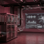 Advanced Predictive Maintenance - Professional 16:9 hero banner. Ultra high resolution. A sophisticated, clean architectural detail within a modern UK educational or corporate facility. Focus on a section of a high-tech HVAC system or machinery, with subtle data streams and glowing lines in #737373 emanating from sensors, tracing pathways towards a digital interface or a stylised, abstract representation of an analytics dashboard in the background. The scene should convey precision and forward-thinking efficiency, with ambient lighting in #E2087E and #000000 accents. Style: Architectural photography with a subtle digital overlay. Avoid: Groups around holographic tables, generic tech aesthetics, text overlays, cold blue tones, stock photo clichés.