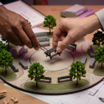Avoid These Mistakes When Planning Outdoor Seating - Professional 16:9 hero banner. Ultra high resolution. A close-up, top-down view of a pair of hands (diverse, professional-looking) carefully placing a miniature, perfectly formed outdoor picnic bench into a detailed, small-scale diorama of a well-planned commercial outdoor seating area. The diorama features tiny, durable recycled plastic furniture, miniature trees for shade, and clear, accessible pathways. The scene is illuminated by an accent glow of #737373, highlighting the meticulous placement, with hints of #E2087E in the background elements. This composition symbolises strategic planning and attention to detail. Style: Editorial still life photography. Avoid: Groups around holographic tables, generic tech aesthetics, text overlays, cold blue tones, stock photo clichés.