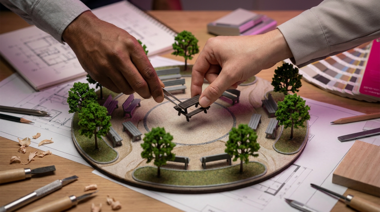 Avoid These Mistakes When Planning Outdoor Seating - Professional 16:9 hero banner. Ultra high resolution. A close-up, top-down view of a pair of hands (diverse, professional-looking) carefully placing a miniature, perfectly formed outdoor picnic bench into a detailed, small-scale diorama of a well-planned commercial outdoor seating area. The diorama features tiny, durable recycled plastic furniture, miniature trees for shade, and clear, accessible pathways. The scene is illuminated by an accent glow of #737373, highlighting the meticulous placement, with hints of #E2087E in the background elements. This composition symbolises strategic planning and attention to detail. Style: Editorial still life photography. Avoid: Groups around holographic tables, generic tech aesthetics, text overlays, cold blue tones, stock photo clichés.