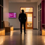 Case Study - Professional 16:9 hero banner. Ultra high resolution. An authoritative, silhouette figure of a School Business Manager stands confidently in a modern, well-maintained school corridor, illuminated by a warm #737373 accent glow emanating from newly installed, compliant school furniture. The figure is looking towards a bright, inviting classroom. The scene symbolises the transformation from reactive chaos to proactive order, with a subtle hint of #E2087E in the background elements, representing progress and stability. The overall atmosphere is one of efficiency and calm, reflecting the brand's authoritative and customer-centric voice. Style: Editorial photography. Avoid: Groups around holographic tables, generic tech aesthetics, text overlays, cold blue tones, stock photo clichés.