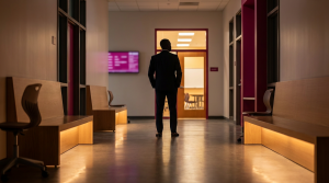 Case Study - Professional 16:9 hero banner. Ultra high resolution. An authoritative, silhouette figure of a School Business Manager stands confidently in a modern, well-maintained school corridor, illuminated by a warm #737373 accent glow emanating from newly installed, compliant school furniture. The figure is looking towards a bright, inviting classroom. The scene symbolises the transformation from reactive chaos to proactive order, with a subtle hint of #E2087E in the background elements, representing progress and stability. The overall atmosphere is one of efficiency and calm, reflecting the brand's authoritative and customer-centric voice. Style: Editorial photography. Avoid: Groups around holographic tables, generic tech aesthetics, text overlays, cold blue tones, stock photo clichés.