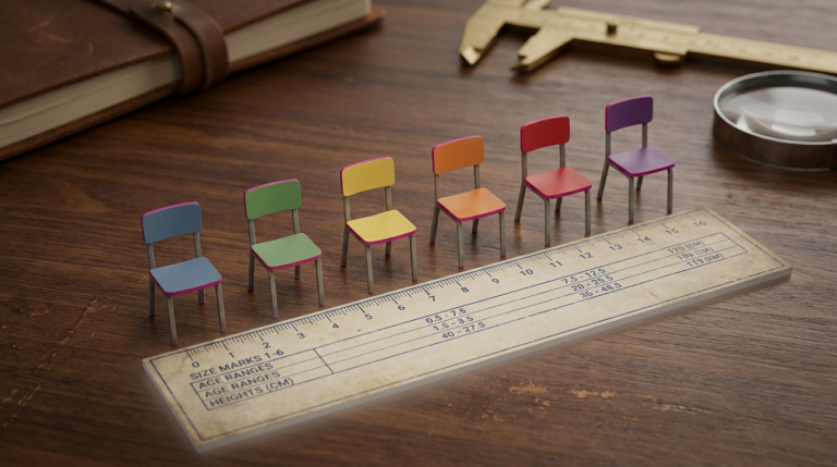 Classroom Chairs by Age - Professional 16:9 hero banner. Ultra high resolution. A close-up, macro shot of a meticulously arranged display of miniature, colour-coded classroom chairs (representing Size Marks 1-6), with each chair precisely aligned to an educational ruler or blueprint that clearly indicates age ranges and heights. The scene is set on a polished, dark wooden desk, suggesting a school procurement manager's organised workspace. A soft, authoritative glow in #737373 emanates from behind the chairs, highlighting their forms and the precision of the arrangement, while subtle accents of #E2087E appear in the chair colours. The overall mood is one of detailed expertise and careful planning. Style: Still life photography, editorial. Avoid: Groups around holographic tables, generic tech aesthetics, text overlays, cold blue tones, stock photo clichés.