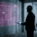 Comparing Suppliers - Professional 16:9 hero banner. Ultra high resolution. An authoritative, silhouetted figure, possibly a facilities manager or school business manager, stands confidently in the foreground, reviewing a projected blueprint or digital overlay of a partially refurbished commercial space, such as a school hall or office area. The background features subtle construction elements like scaffolding or furniture being installed, illuminated by a strong #737373 accent glow, suggesting strategic oversight and successful project management. The overall atmosphere is one of control and informed decision-making against a backdrop of ongoing work. Secondary lighting elements in #E2087E highlight key areas of the blueprint. Style: Editorial photography with dramatic, focused lighting.