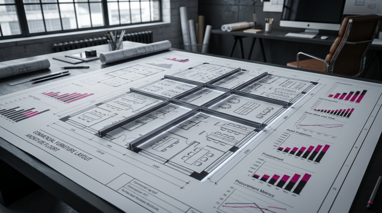 Cost Analysis Guide 2026 - Professional 16:9 hero banner. Ultra high resolution. A meticulously organised architectural blueprint or technical drawing of a commercial furniture layout, overlaid with subtle, glowing financial charts and data visualisations, in monochrome with accents of #E2087E and #000000. Key structural lines are highlighted with a precise, crisp #737373 light, signifying strategic planning and foresight. The scene evokes precision, long-term value, and expert financial management in commercial furniture procurement, set within a sophisticated, authoritative design studio. Style: Architectural photography with data visualisation elements. Avoid: Groups around holographic tables, generic tech aesthetics, text overlays, cold blue tones, stock photo clichés.