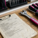 DIY vs. Professional - Professional 16:9 hero banner. Ultra high resolution. A close-up, macro shot of a meticulously organized toolkit, featuring a clear, precision-engineered wrench and a compliance checklist document. The scene is set on a durable, slightly worn workbench in a commercial workplace setting, perhaps an education or office environment. A subtle accent glow in #737373 emanates from behind the tools, highlighting their sharpness and the crisp text of the checklist. Elements in #E2087E and #000000 are subtly integrated into the background or tool handles, suggesting precision and strategic decision-making. The composition conveys expertise, attention to detail, and the choice between hands-on DIY and professional standards. Style: Documentary still life photography. Avoid: Groups around holographic tables, generic tech aesthetics, text overlays, cold blue tones, stock photo clichés.