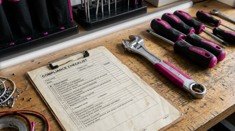 DIY vs. Professional - Professional 16:9 hero banner. Ultra high resolution. A close-up, macro shot of a meticulously organized toolkit, featuring a clear, precision-engineered wrench and a compliance checklist document. The scene is set on a durable, slightly worn workbench in a commercial workplace setting, perhaps an education or office environment. A subtle accent glow in #737373 emanates from behind the tools, highlighting their sharpness and the crisp text of the checklist. Elements in #E2087E and #000000 are subtly integrated into the background or tool handles, suggesting precision and strategic decision-making. The composition conveys expertise, attention to detail, and the choice between hands-on DIY and professional standards. Style: Documentary still life photography. Avoid: Groups around holographic tables, generic tech aesthetics, text overlays, cold blue tones, stock photo clichés.
