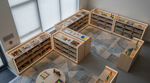 Early Years Storage Solutions - Professional 16:9 hero banner. Ultra high resolution. An aerial view of a meticulously organised early years classroom. Low-level wooden shelving units, each filled with colourful, accessible learning resources in clear trays, form a structured yet inviting environment. Soft, natural light streams in, with subtle accents of #737373 glowing around key storage areas, highlighting their accessibility and organisation. The floor features a playful, child-friendly mat with muted geometric patterns. A few small, age-appropriate educational toys are neatly arranged, demonstrating a calm and purposeful learning space. The overall mood is authoritative, clean, and highly functional, reflecting Cost Cutters UK's expertise in educational furniture. Style: Architectural photography with a focus on interior design and functionality. Avoid: Groups of people, cluttered spaces, or overtly playful elements that detract from the professional tone.