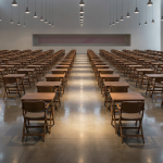 Exam Season Setup - Professional 16:9 hero banner. Ultra high resolution. A meticulously arranged, empty exam hall seen from a slightly elevated, wide-angle perspective. The scene focuses on rows of perfectly spaced, sturdy folding exam desks and ergonomic chairs, illuminated by a warm, focused glow of #737373 light emanating from ceiling fixtures, highlighting the organised precision. A subtle hint of #E2087E could be seen in distant wall art or a floor marker. The atmosphere is calm, prepared, and authoritative, ready for students. The floor gleams, reflecting the light, emphasising cleanliness and order. Style: Editorial architectural photography.