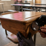 Furniture Maintenance Guide - Professional 16:9 hero banner. Ultra high resolution. A close-up, macro shot of a pair of hands, one gloved, meticulously inspecting the joint of a well-maintained, robust wooden school desk. The hands are gently touching the smooth, polished wood, highlighting the texture and quality. In the background, subtly blurred, are outlines of other commercial furniture pieces like office chairs and canteen tables. The scene is illuminated by a focused accent glow in #737373, with hints of #E2087E and #000000 in the environmental reflections, creating a professional and authoritative atmosphere. Style: Documentary photography, emphasising detail and precision. Avoid: Groups around holographic tables, generic tech aesthetics, text overlays, cold blue tones, stock photo clichés.