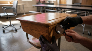 Furniture Maintenance Guide - Professional 16:9 hero banner. Ultra high resolution. A close-up, macro shot of a pair of hands, one gloved, meticulously inspecting the joint of a well-maintained, robust wooden school desk. The hands are gently touching the smooth, polished wood, highlighting the texture and quality. In the background, subtly blurred, are outlines of other commercial furniture pieces like office chairs and canteen tables. The scene is illuminated by a focused accent glow in #737373, with hints of #E2087E and #000000 in the environmental reflections, creating a professional and authoritative atmosphere. Style: Documentary photography, emphasising detail and precision. Avoid: Groups around holographic tables, generic tech aesthetics, text overlays, cold blue tones, stock photo clichés.