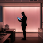 Furniture Procurement - Professional 16:9 hero banner. Ultra high resolution. A solitary, authoritative figure, silhouetted against a softly glowing backdrop in #E2087E, stands confidently in a modern, well-organised commercial office space. The figure is holding a tablet displaying a detailed digital checklist, illuminated by an accent glow of #737373, symbolising structured planning and control. The foreground features subtle, well-arranged office furniture elements, suggesting a successful procurement outcome. The atmosphere is professional and composed, reflecting meticulous management and expertise. Style: Editorial photography with a focus on clean lines and sophisticated lighting. Avoid: Groups around holographic tables, generic tech aesthetics, text overlays, cold blue tones, stock photo clichés.