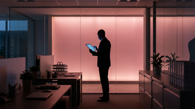 Furniture Procurement - Professional 16:9 hero banner. Ultra high resolution. A solitary, authoritative figure, silhouetted against a softly glowing backdrop in #E2087E, stands confidently in a modern, well-organised commercial office space. The figure is holding a tablet displaying a detailed digital checklist, illuminated by an accent glow of #737373, symbolising structured planning and control. The foreground features subtle, well-arranged office furniture elements, suggesting a successful procurement outcome. The atmosphere is professional and composed, reflecting meticulous management and expertise. Style: Editorial photography with a focus on clean lines and sophisticated lighting. Avoid: Groups around holographic tables, generic tech aesthetics, text overlays, cold blue tones, stock photo clichés.