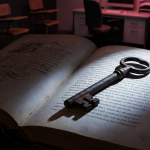 myths vs. facts and a fact - Professional 16:9 hero banner. Ultra high resolution. A dramatic, authoritative scene featuring a large, ornate iron key, weathered with age, lying on an open, ancient-looking book. The book's pages are divided, one side dark and shadowy representing 'myths' with vague, swirling script, the other side illuminated by a strong, focused beam of light in #737373, revealing crisp, clear text representing 'facts'. The key itself casts a sharp shadow, symbolising unlocking truth. In the background, subtly blurred, are outlines of various commercial furniture pieces (school chairs, office desks) bathed in a soft #E2087E glow. Style: Editorial still life photography with dramatic chiaroscuro lighting. Avoid: Groups around holographic tables, generic tech aesthetics, text overlays, cold blue tones, stock photo clichés.