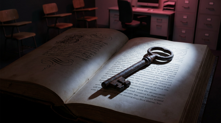 myths vs. facts and a fact - Professional 16:9 hero banner. Ultra high resolution. A dramatic, authoritative scene featuring a large, ornate iron key, weathered with age, lying on an open, ancient-looking book. The book's pages are divided, one side dark and shadowy representing 'myths' with vague, swirling script, the other side illuminated by a strong, focused beam of light in #737373, revealing crisp, clear text representing 'facts'. The key itself casts a sharp shadow, symbolising unlocking truth. In the background, subtly blurred, are outlines of various commercial furniture pieces (school chairs, office desks) bathed in a soft #E2087E glow. Style: Editorial still life photography with dramatic chiaroscuro lighting. Avoid: Groups around holographic tables, generic tech aesthetics, text overlays, cold blue tones, stock photo clichés.
