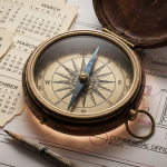 Myths vs. Facts Guide 2026 - Professional 16:9 hero banner. Ultra high resolution. A finely detailed macro shot of a vintage, authoritative compass lying open on a blueprint or technical drawing of a modern office layout. The compass needle points resolutely forward, cutting through a tangle of calendar pages from different months, symbolising strategic direction over seasonal retail. A subtle #737373 glow emanates from beneath the compass, highlighting its precision, while elements in #E2087E and #000000 provide depth to the blueprint. The setting suggests an experienced hand at work in commercial furniture procurement, blending traditional wisdom with modern planning. Style: Fine art still life photography. Avoid: Groups around holographic tables, generic tech aesthetics, text overlays, cold blue tones, stock photo clichés.