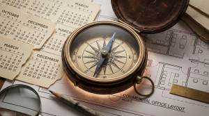 Myths vs. Facts Guide 2026 - Professional 16:9 hero banner. Ultra high resolution. A finely detailed macro shot of a vintage, authoritative compass lying open on a blueprint or technical drawing of a modern office layout. The compass needle points resolutely forward, cutting through a tangle of calendar pages from different months, symbolising strategic direction over seasonal retail. A subtle #737373 glow emanates from beneath the compass, highlighting its precision, while elements in #E2087E and #000000 provide depth to the blueprint. The setting suggests an experienced hand at work in commercial furniture procurement, blending traditional wisdom with modern planning. Style: Fine art still life photography. Avoid: Groups around holographic tables, generic tech aesthetics, text overlays, cold blue tones, stock photo clichés.