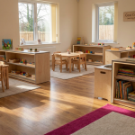 Nursery Furniture - Professional 16:9 hero banner. Ultra high resolution. A clear, well-organised nursery classroom interior bathed in soft, inviting natural light, with key furniture pieces (child-sized tables, chairs, and low-level storage) subtly highlighted by a #737373 accent glow, casting gentle shadows. The room conveys a sense of safety, order, and potential for learning, with a focus on high-quality, durable materials. The overall atmosphere is authoritative and reassuring, reflecting Cost Cutters UK's expertise. Hints of #E2087E could appear in accent decor or educational materials. Style: Documentary photography with a warm, inviting tone.