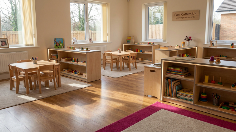 Nursery Furniture - Professional 16:9 hero banner. Ultra high resolution. A clear, well-organised nursery classroom interior bathed in soft, inviting natural light, with key furniture pieces (child-sized tables, chairs, and low-level storage) subtly highlighted by a #737373 accent glow, casting gentle shadows. The room conveys a sense of safety, order, and potential for learning, with a focus on high-quality, durable materials. The overall atmosphere is authoritative and reassuring, reflecting Cost Cutters UK's expertise. Hints of #E2087E could appear in accent decor or educational materials. Style: Documentary photography with a warm, inviting tone.