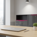 Office Decluttering Strategies - Professional 16:9 hero banner. Ultra high resolution. A pristine, minimalist office desk within a modern, prestigious UK workplace environment. The desk features only essential, neatly organised items: a sleek laptop, a single elegant pen, and a small, vibrant green plant. In the background, subtly blurred, are contemporary office storage units – sleek, dark grey cupboards with a hint of #E2087E on their surfaces, illuminated by a focused, clean #737373 accent light emanating from above, highlighting the organised space. The overall mood is calm, efficient, and sophisticated, reflecting authority and precision. Style: Architectural detail photography with a clean, editorial aesthetic. Avoid: Groups of people, cluttered spaces, generic tech imagery, harsh lighting.