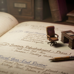 Proactive Seasonal Planning - Professional 16:9 hero banner. Ultra high resolution. A finely detailed, macro shot of a vintage planning calendar page, specifically an open diary, with key dates highlighted and notes referencing 'summer refurbishment' and 'fiscal year-end' in neat, organised handwriting. A miniature, stylised office chair and a tiny school desk are placed carefully on the calendar, symbolising planned procurements. The scene is bathed in a soft, focused glow of #737373 from an unseen source, with subtle hints of #E2087E in the background blur, suggesting strategic foresight and organised preparation. Style: Fine art still life photography. Avoid: Groups around holographic tables, generic tech aesthetics, text overlays, cold blue tones, stock photo clichés.