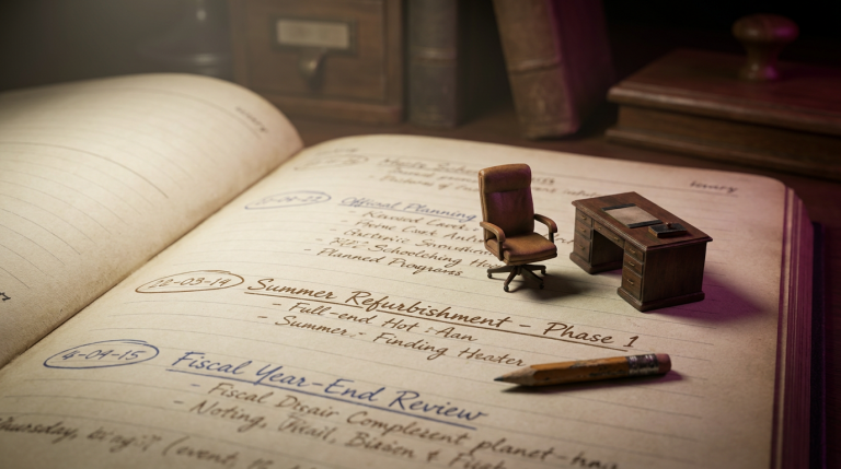 Proactive Seasonal Planning - Professional 16:9 hero banner. Ultra high resolution. A finely detailed, macro shot of a vintage planning calendar page, specifically an open diary, with key dates highlighted and notes referencing 'summer refurbishment' and 'fiscal year-end' in neat, organised handwriting. A miniature, stylised office chair and a tiny school desk are placed carefully on the calendar, symbolising planned procurements. The scene is bathed in a soft, focused glow of #737373 from an unseen source, with subtle hints of #E2087E in the background blur, suggesting strategic foresight and organised preparation. Style: Fine art still life photography. Avoid: Groups around holographic tables, generic tech aesthetics, text overlays, cold blue tones, stock photo clichés.
