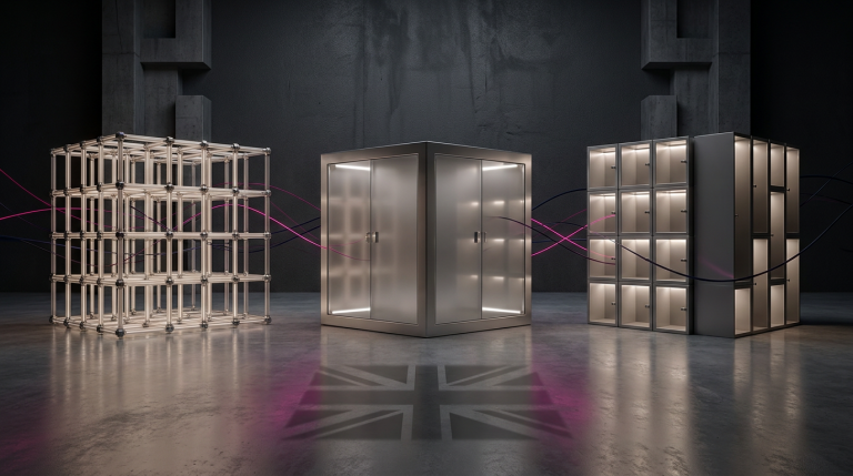 Right Storage System - Professional 16:9 hero banner. Ultra high resolution. A visually compelling, abstract representation of storage solutions. The scene features three distinct, glowing geometric structures, each subtly representing shelving (open, accessible grid), cabinets (closed, secure cube), and lockers (individual, compartmentalised units). These structures are interconnected by subtle, flowing lines, symbolising the strategic framework for selection. The primary light source casts a #737373 accent glow, highlighting the edges and key features. Elements of #E2087E and #000000 are used for subtle background gradients and accents, creating depth and a professional, authoritative mood. The setting is clean and conceptual, suggesting precise planning and optimal organisation within a commercial UK environment. Style: Conceptual photography with dramatic, focused lighting. Avoid: Groups around holographic tables, generic tech aesthetics, text overlays, cold blue tones, stock photo clichés.